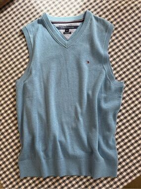 Tommy Hilfiger Light Blue V-Neck Sweater Vest 100% Pima Cotton excellent